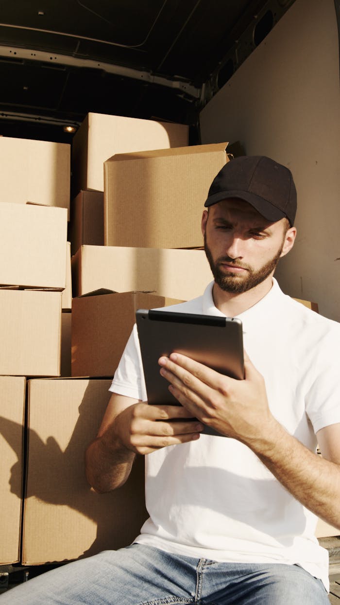 Deliveryman using a digital tablet to manage packages in a van. Efficient courier service with boxes.